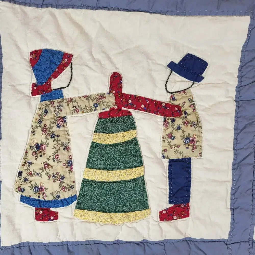 Vintage Handmade Applique and Patchwork Folk Art Quilt with Cabin and Figures